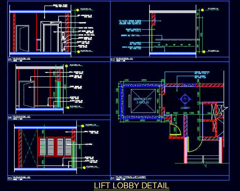 Lift Lobby Design Free DWG- Wall Elevation and Floor Plan